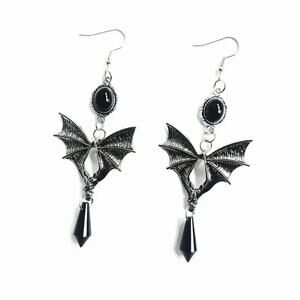 Gothic Victorian Vampire Witchcore Black & Silver Large Batwing Earrings